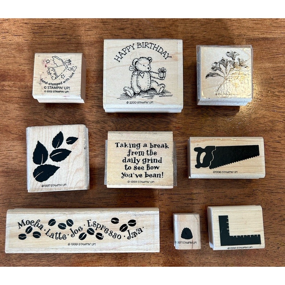 Stampin Up LOT 9 VTG Wooden Rubber Stamps Tool Time Birthday Bear Coffee Flower